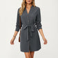 Long Sleeve Button Front Dress with Soft Drape Tie Waist Detail and Smooth Structured Collarless Neckline Finish
