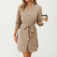Long Sleeve Button Front Dress with Soft Drape Tie Waist Detail and Smooth Structured Collarless Neckline Finish