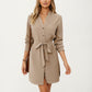 Long Sleeve Button Front Dress with Soft Drape Tie Waist Detail and Smooth Structured Collarless Neckline Finish