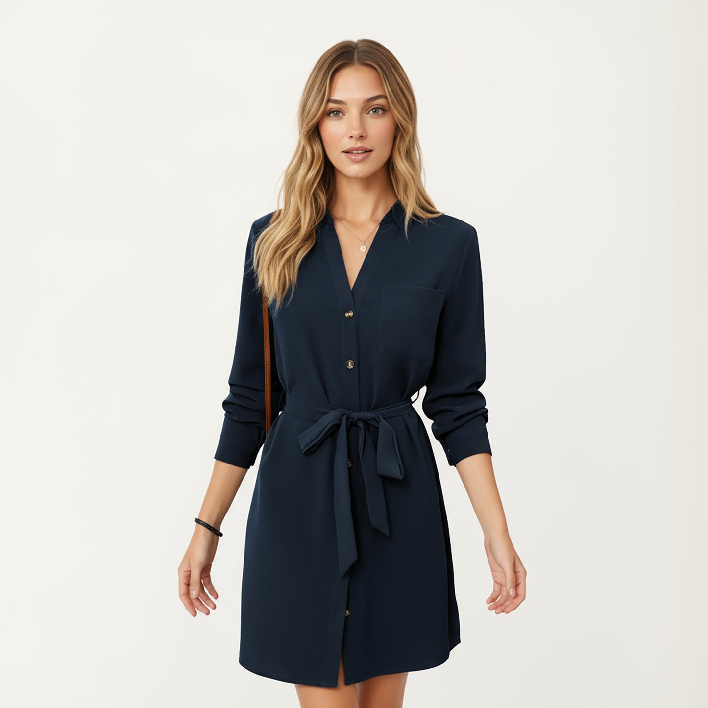 Long Sleeve Button Front Dress with Soft Drape Tie Waist Detail and Smooth Structured Collarless Neckline Finish