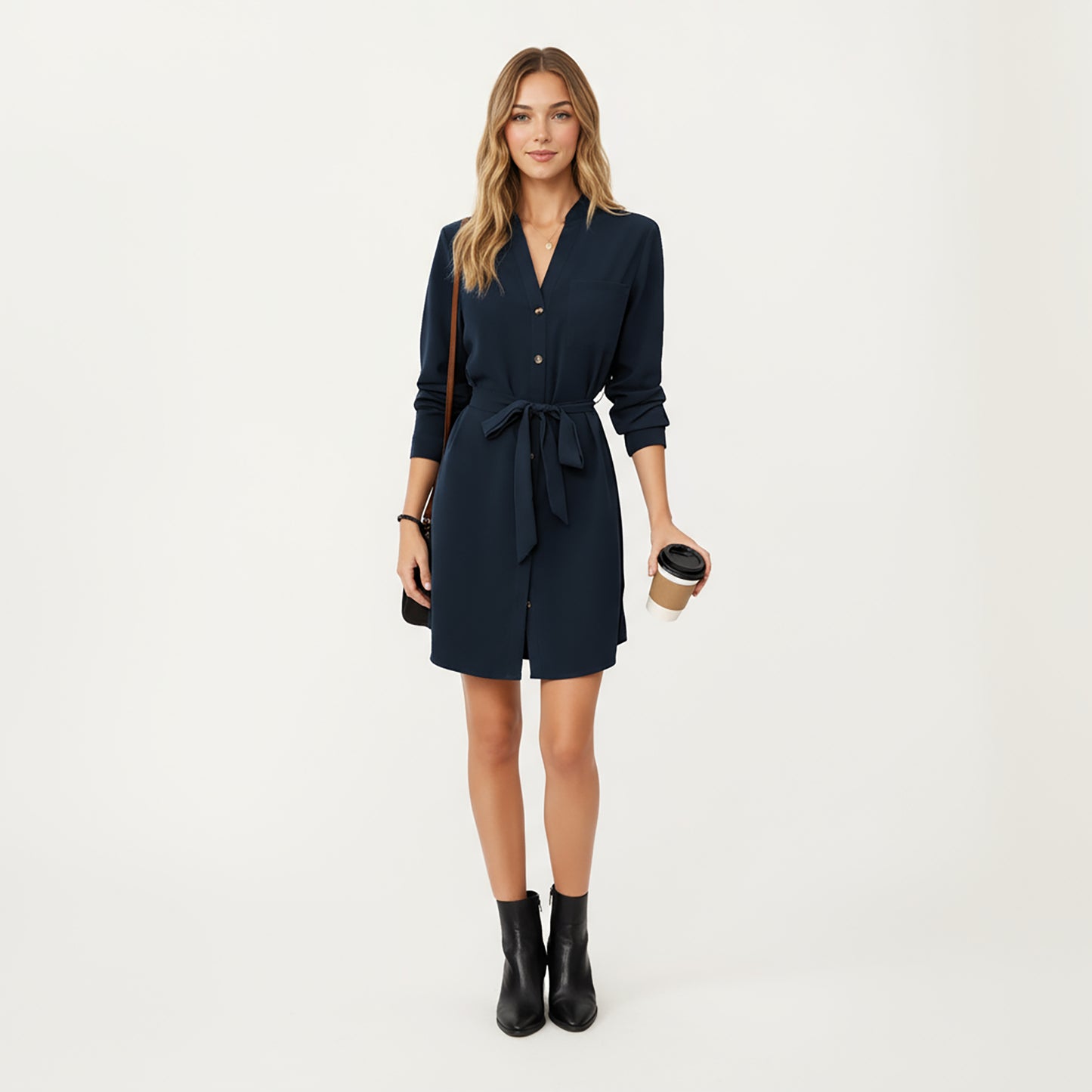 Long Sleeve Button Front Dress with Soft Drape Tie Waist Detail and Smooth Structured Collarless Neckline Finish