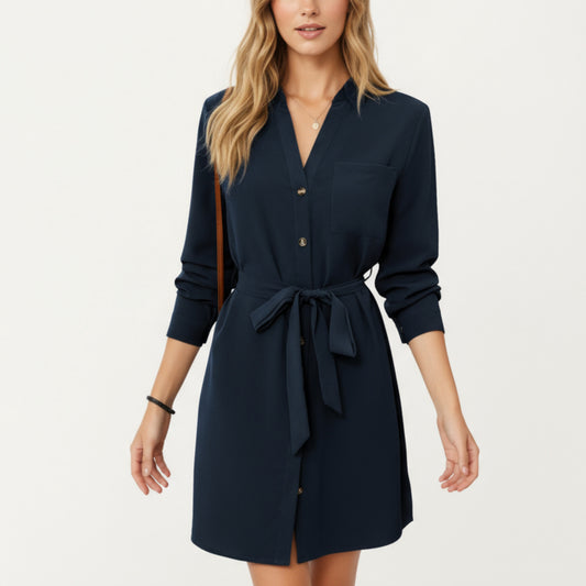 Long Sleeve Button Front Dress with Soft Drape Tie Waist Detail and Smooth Structured Collarless Neckline Finish