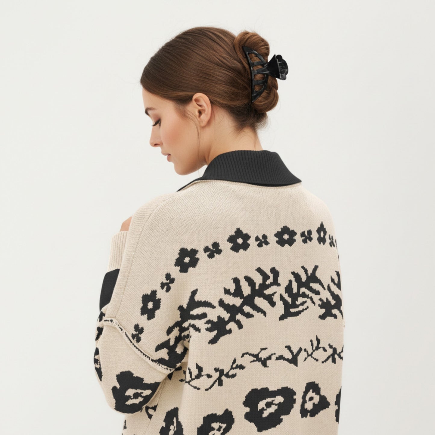 Floral Jacquard Button Front Cardigan Top with Soft Knit Texture, Relaxed Drop Shoulder Fit and Ribbed Trim Detailing