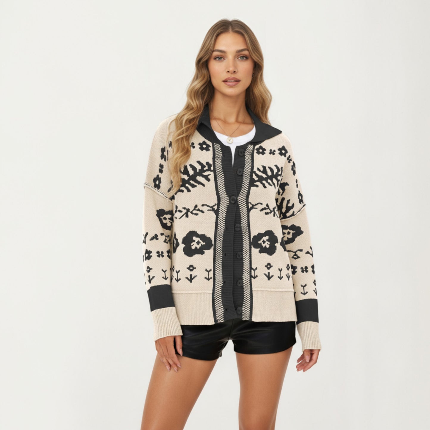 Floral Jacquard Button Front Cardigan Top with Soft Knit Texture, Relaxed Drop Shoulder Fit and Ribbed Trim Detailing
