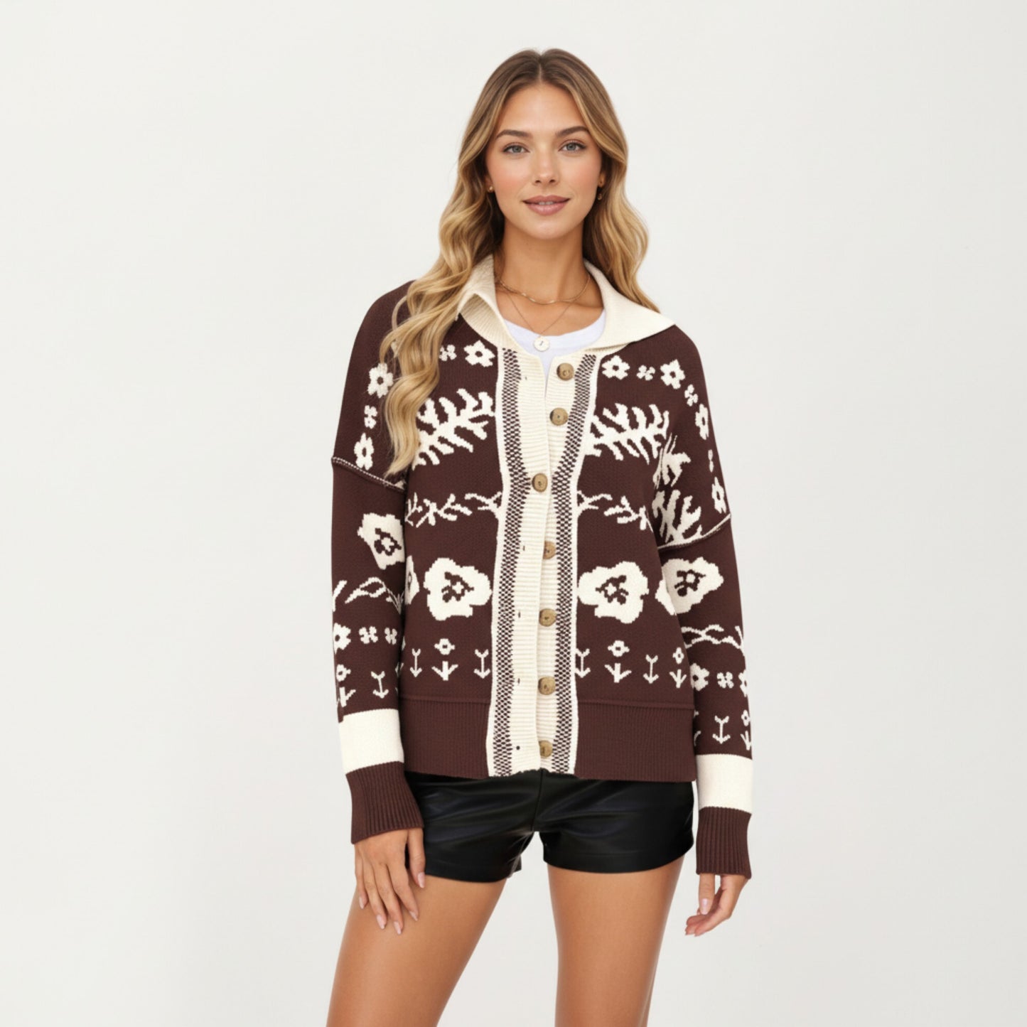 Floral Jacquard Button Front Cardigan Top with Soft Knit Texture, Relaxed Drop Shoulder Fit and Ribbed Trim Detailing