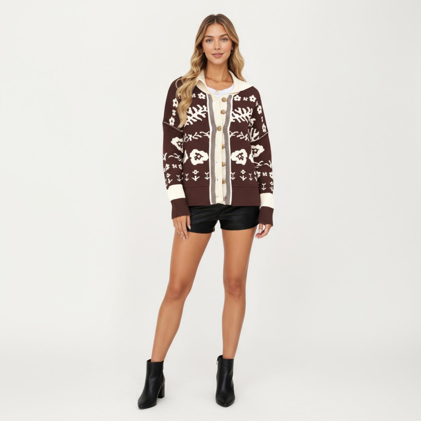 Floral Jacquard Button Front Cardigan Top with Soft Knit Texture, Relaxed Drop Shoulder Fit and Ribbed Trim Detailing