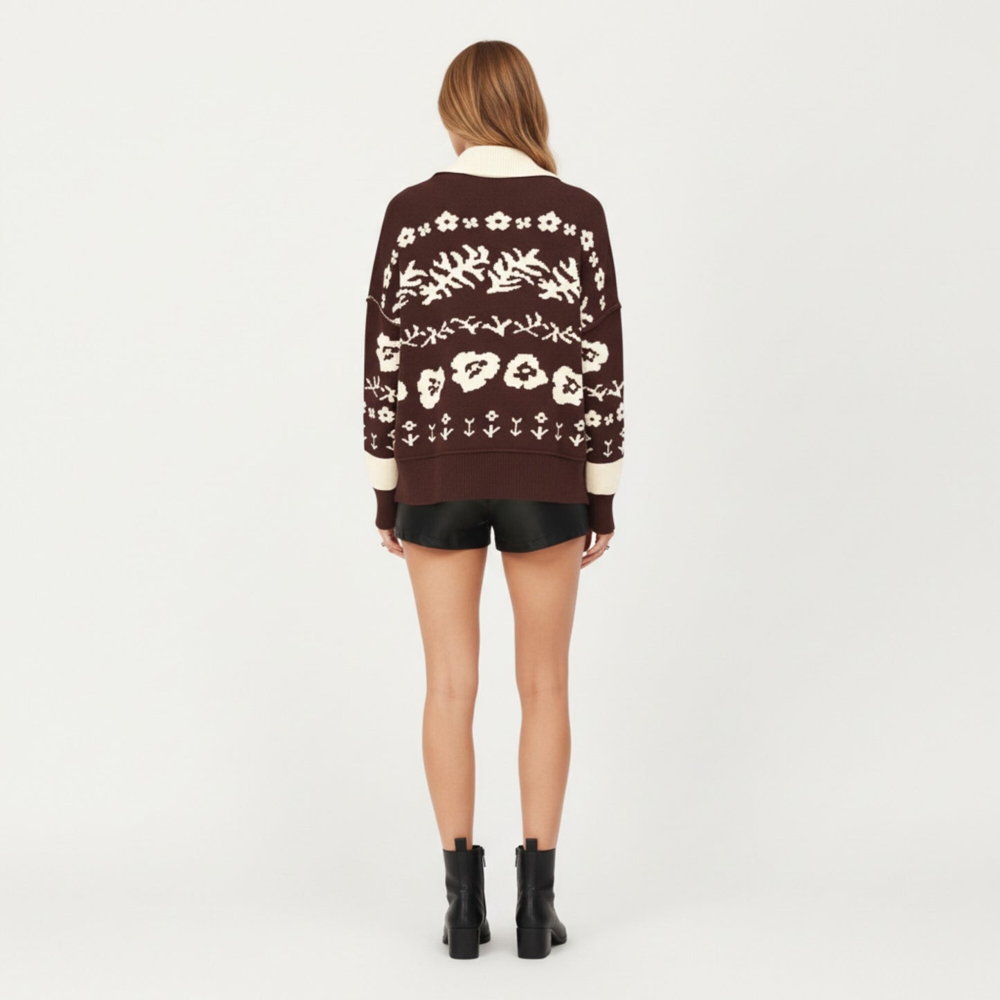 Floral Jacquard Button Front Cardigan Top with Soft Knit Texture, Relaxed Drop Shoulder Fit and Ribbed Trim Detailing