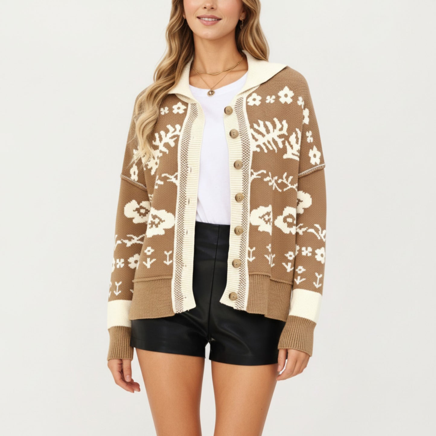 Floral Jacquard Button Front Cardigan Top with Soft Knit Texture, Relaxed Drop Shoulder Fit and Ribbed Trim Detailing