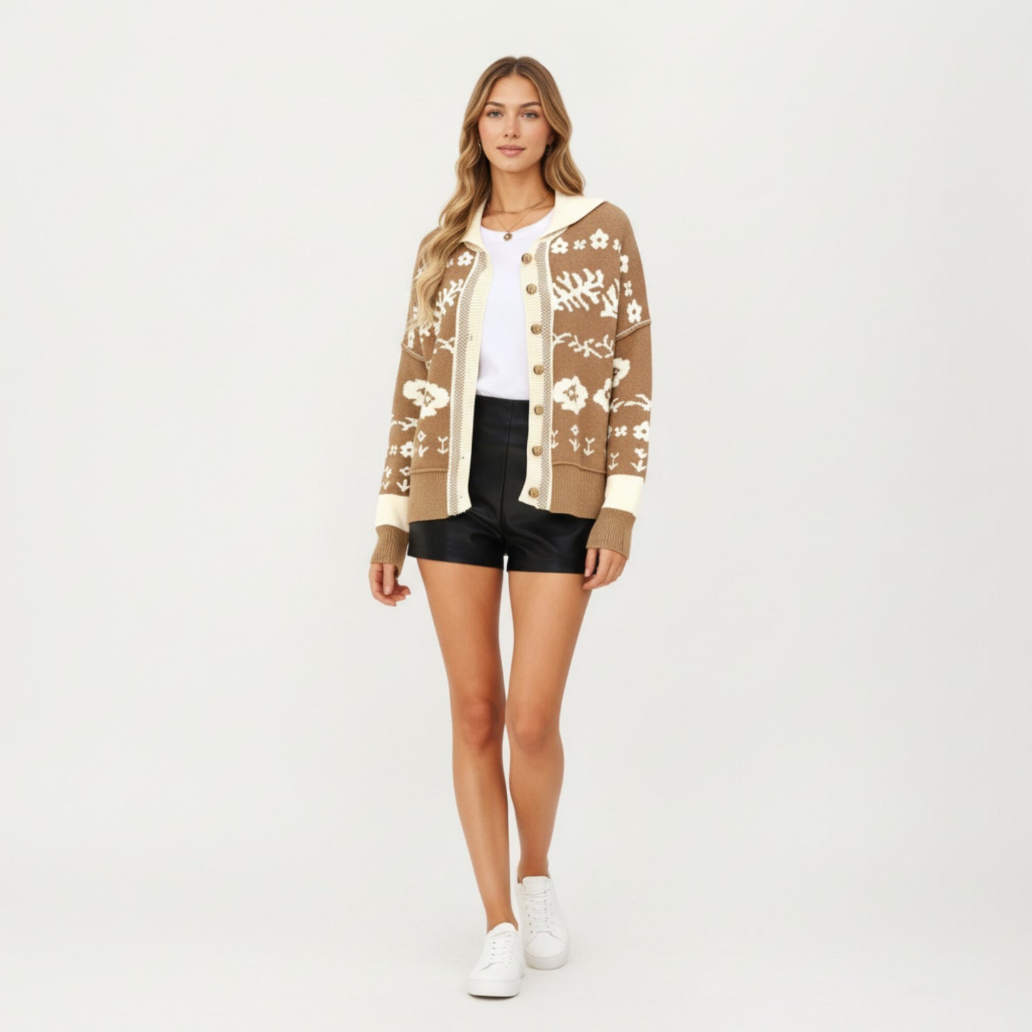 Floral Jacquard Button Front Cardigan Top with Soft Knit Texture, Relaxed Drop Shoulder Fit and Ribbed Trim Detailing