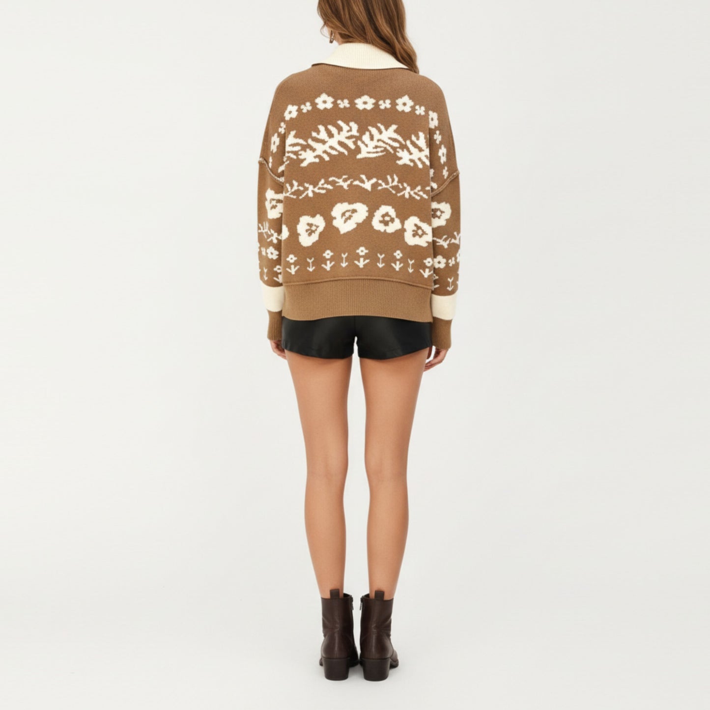 Floral Jacquard Button Front Cardigan Top with Soft Knit Texture, Relaxed Drop Shoulder Fit and Ribbed Trim Detailing