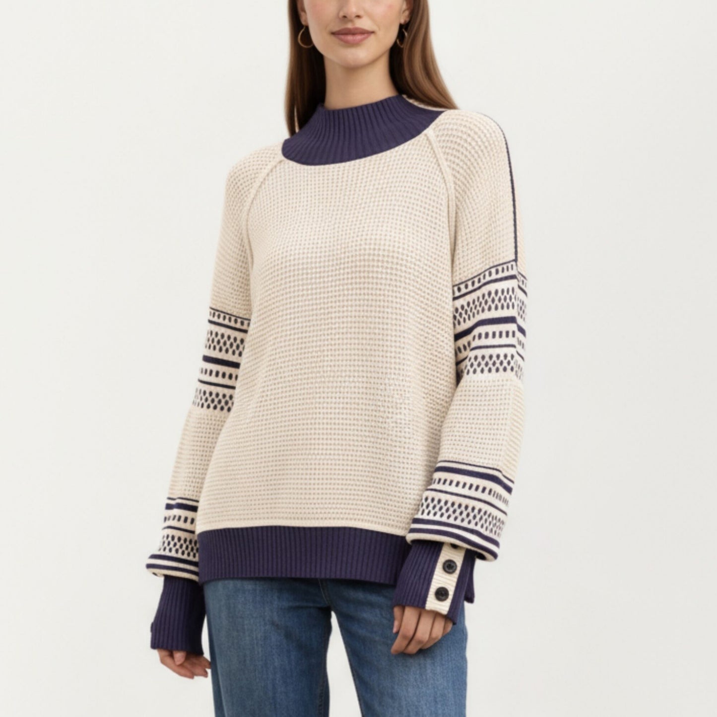 Patterned Knit Pullover Top with Textured Waffle Stitch Body, Contrast Ribbed Mock Neck, and Decorative Sleeve Detailing