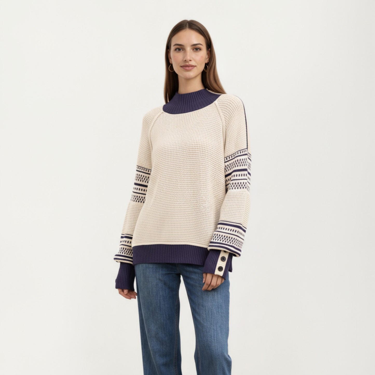 Patterned Knit Pullover Top with Textured Waffle Stitch Body, Contrast Ribbed Mock Neck, and Decorative Sleeve Detailing