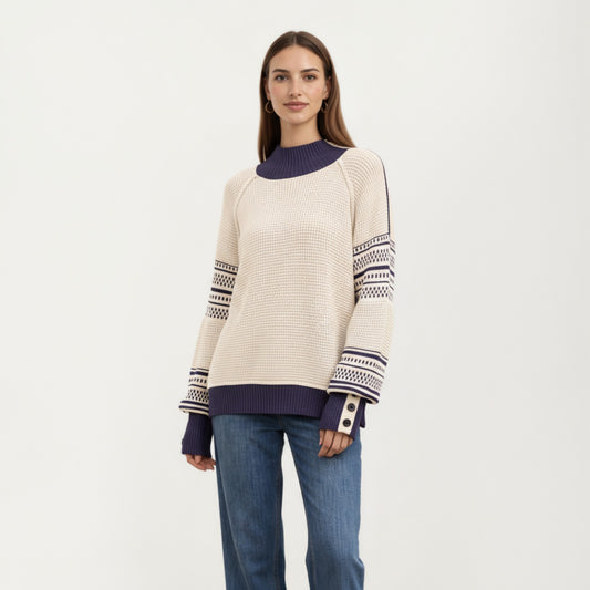 Patterned Knit Pullover Top with Textured Waffle Stitch Body, Contrast Ribbed Mock Neck, and Decorative Sleeve Detailing