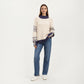 Patterned Knit Pullover Top with Textured Waffle Stitch Body, Contrast Ribbed Mock Neck, and Decorative Sleeve Detailing