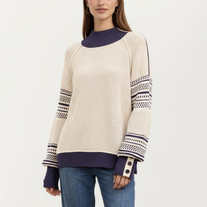 Patterned Knit Pullover Top with Textured Waffle Stitch Body, Contrast Ribbed Mock Neck, and Decorative Sleeve Detailing