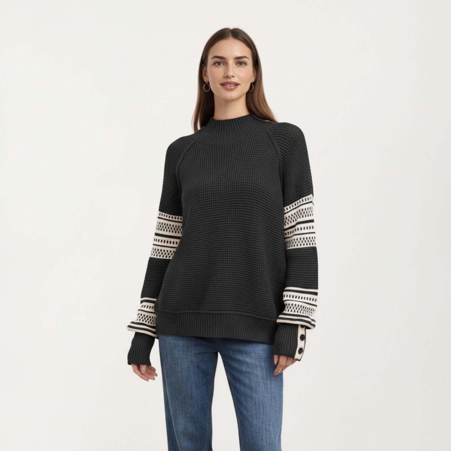 Patterned Knit Pullover Top with Textured Waffle Stitch Body, Contrast Ribbed Mock Neck, and Decorative Sleeve Detailing