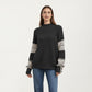Patterned Knit Pullover Top with Textured Waffle Stitch Body, Contrast Ribbed Mock Neck, and Decorative Sleeve Detailing