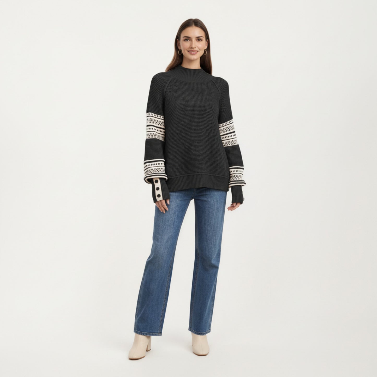 Patterned Knit Pullover Top with Textured Waffle Stitch Body, Contrast Ribbed Mock Neck, and Decorative Sleeve Detailing