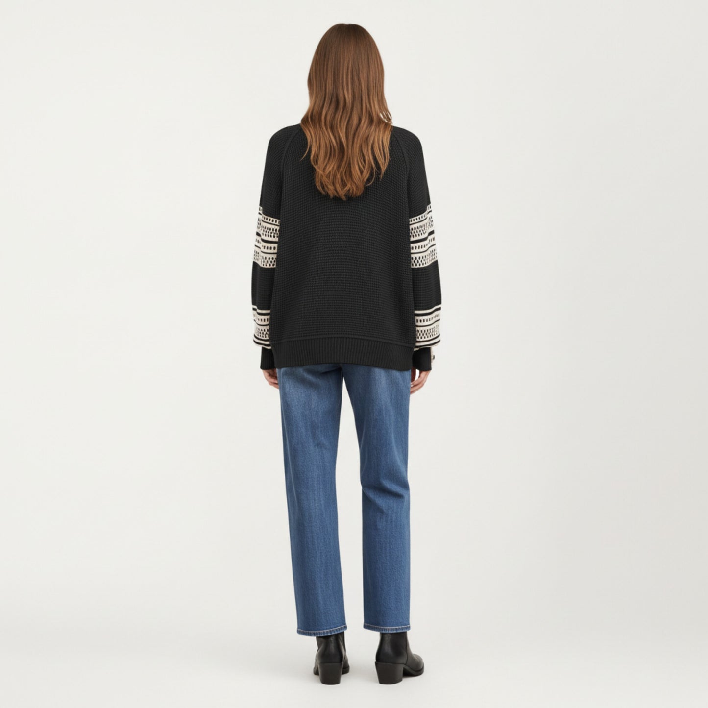 Patterned Knit Pullover Top with Textured Waffle Stitch Body, Contrast Ribbed Mock Neck, and Decorative Sleeve Detailing