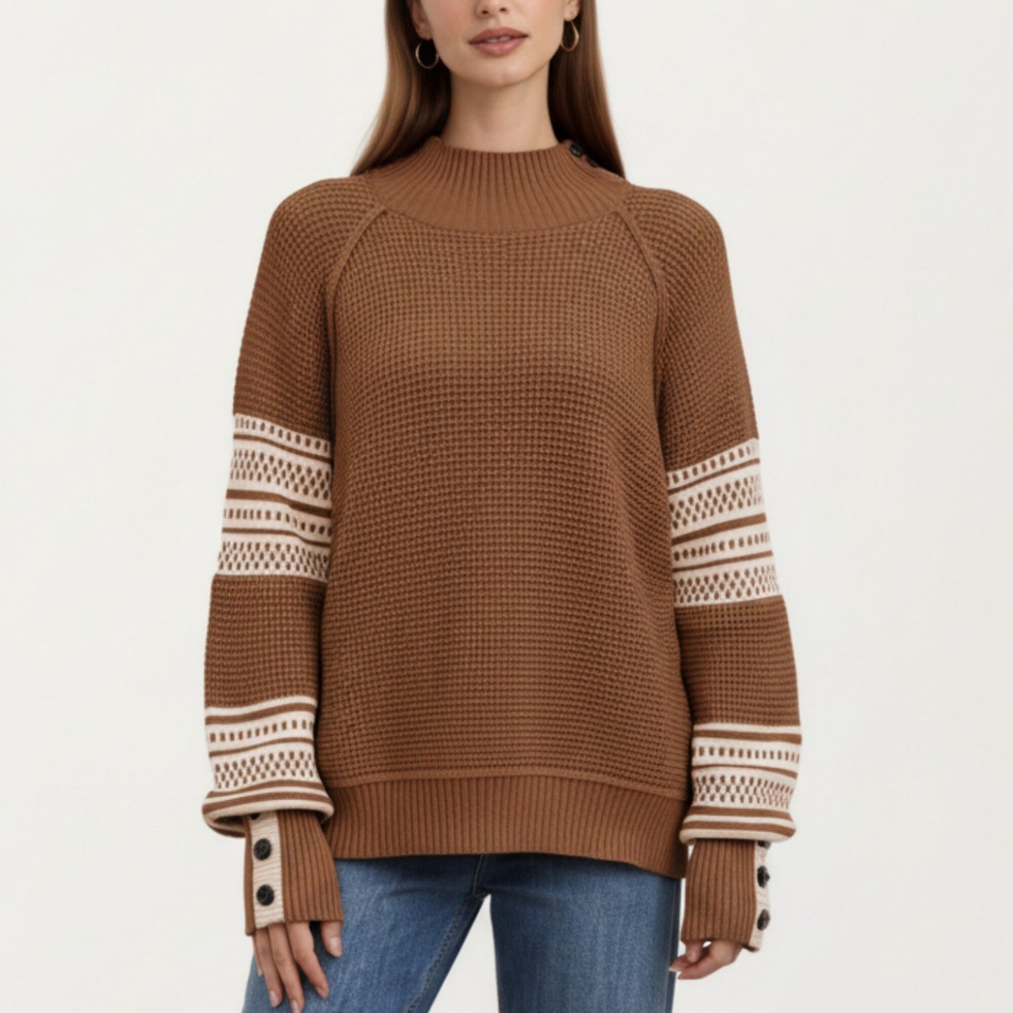 Patterned Knit Pullover Top with Textured Waffle Stitch Body, Contrast Ribbed Mock Neck, and Decorative Sleeve Detailing