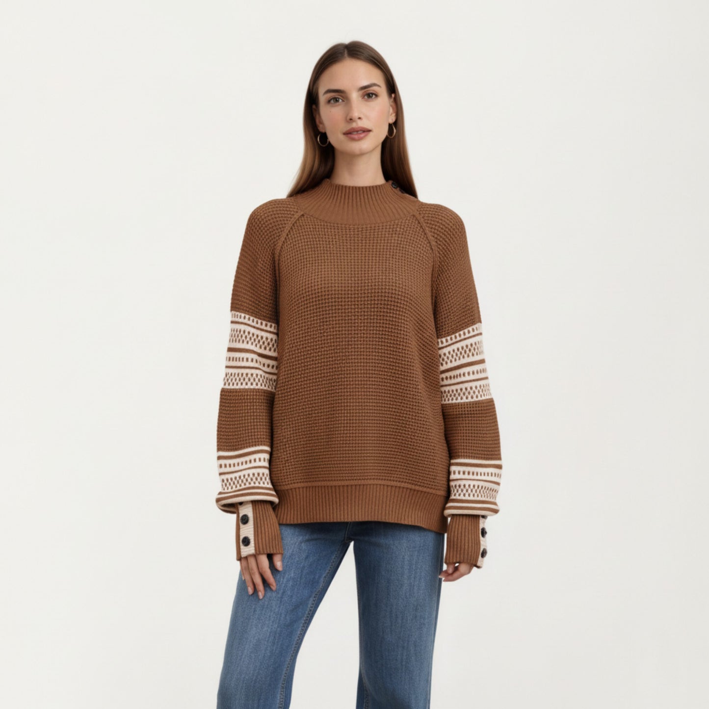 Patterned Knit Pullover Top with Textured Waffle Stitch Body, Contrast Ribbed Mock Neck, and Decorative Sleeve Detailing