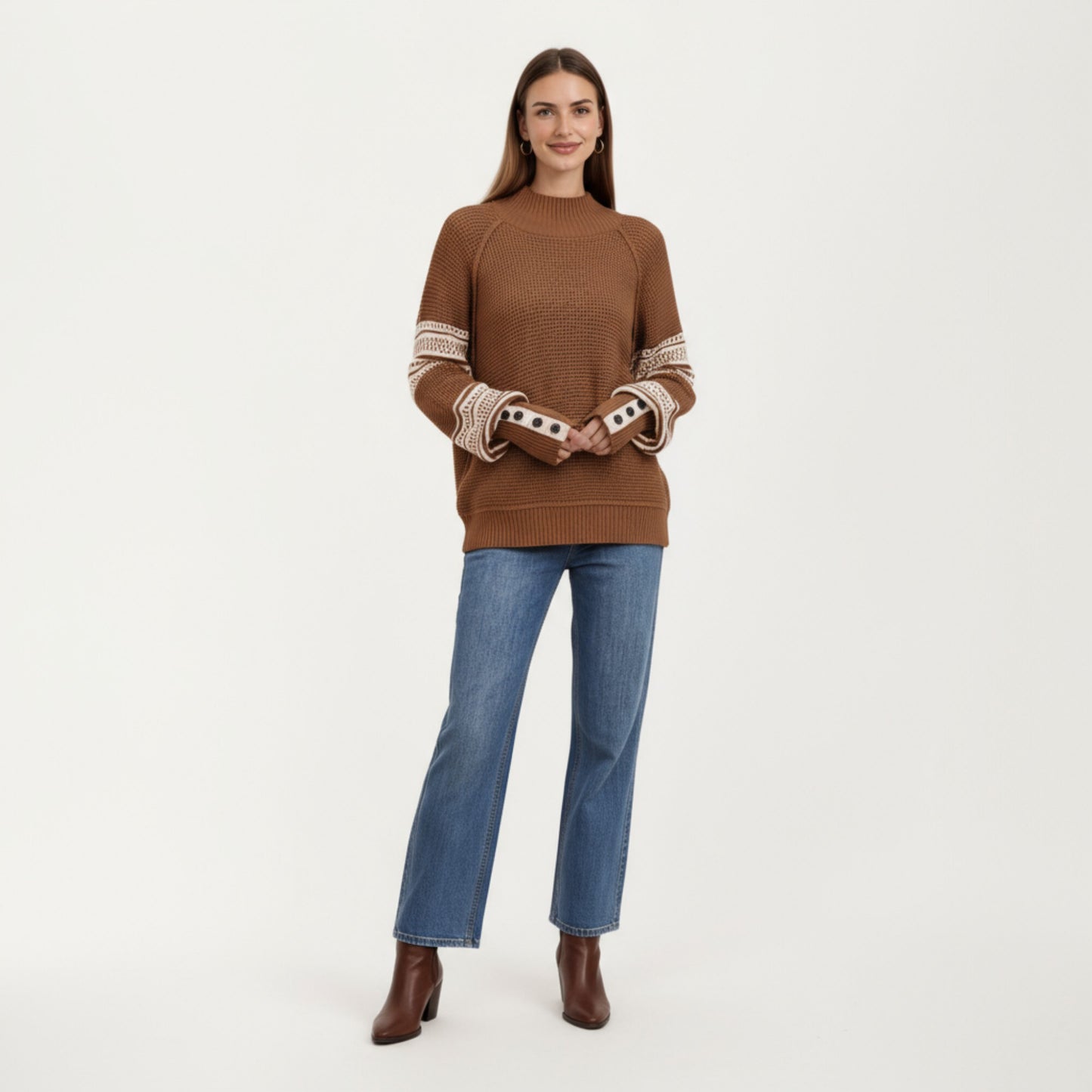 Patterned Knit Pullover Top with Textured Waffle Stitch Body, Contrast Ribbed Mock Neck, and Decorative Sleeve Detailing