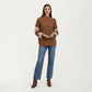 Patterned Knit Pullover Top with Textured Waffle Stitch Body, Contrast Ribbed Mock Neck, and Decorative Sleeve Detailing