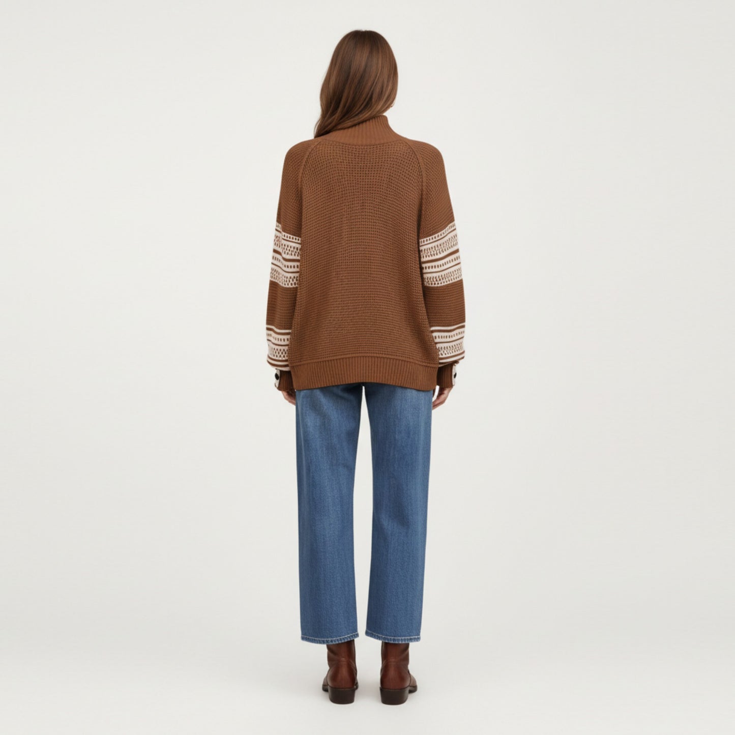 Patterned Knit Pullover Top with Textured Waffle Stitch Body, Contrast Ribbed Mock Neck, and Decorative Sleeve Detailing