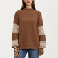 Patterned Knit Pullover Top with Textured Waffle Stitch Body, Contrast Ribbed Mock Neck, and Decorative Sleeve Detailing