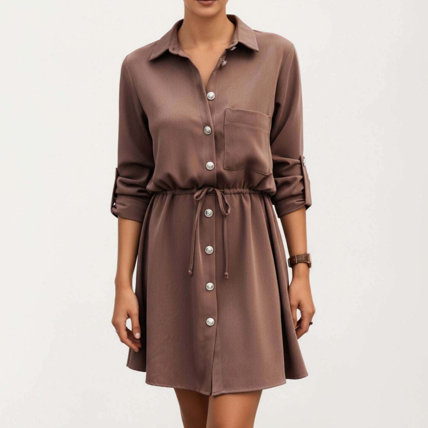 Button Front Shirt Dress with Adjustable Sleeves Soft Drawstring Waist and Relaxed Flowing Silhouette