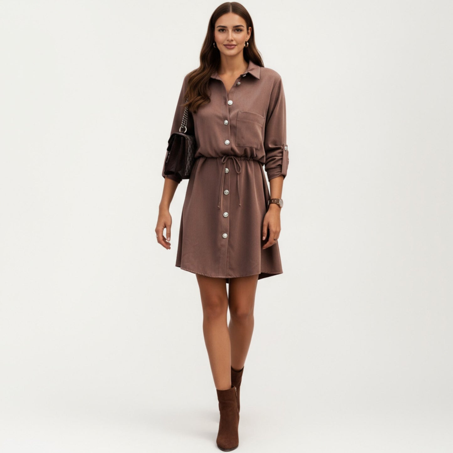 Button Front Shirt Dress with Adjustable Sleeves Soft Drawstring Waist and Relaxed Flowing Silhouette