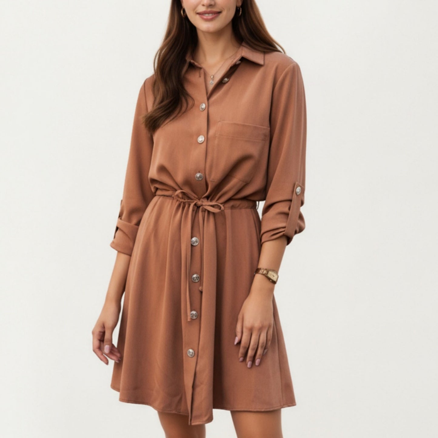 Button Front Shirt Dress with Adjustable Sleeves Soft Drawstring Waist and Relaxed Flowing Silhouette
