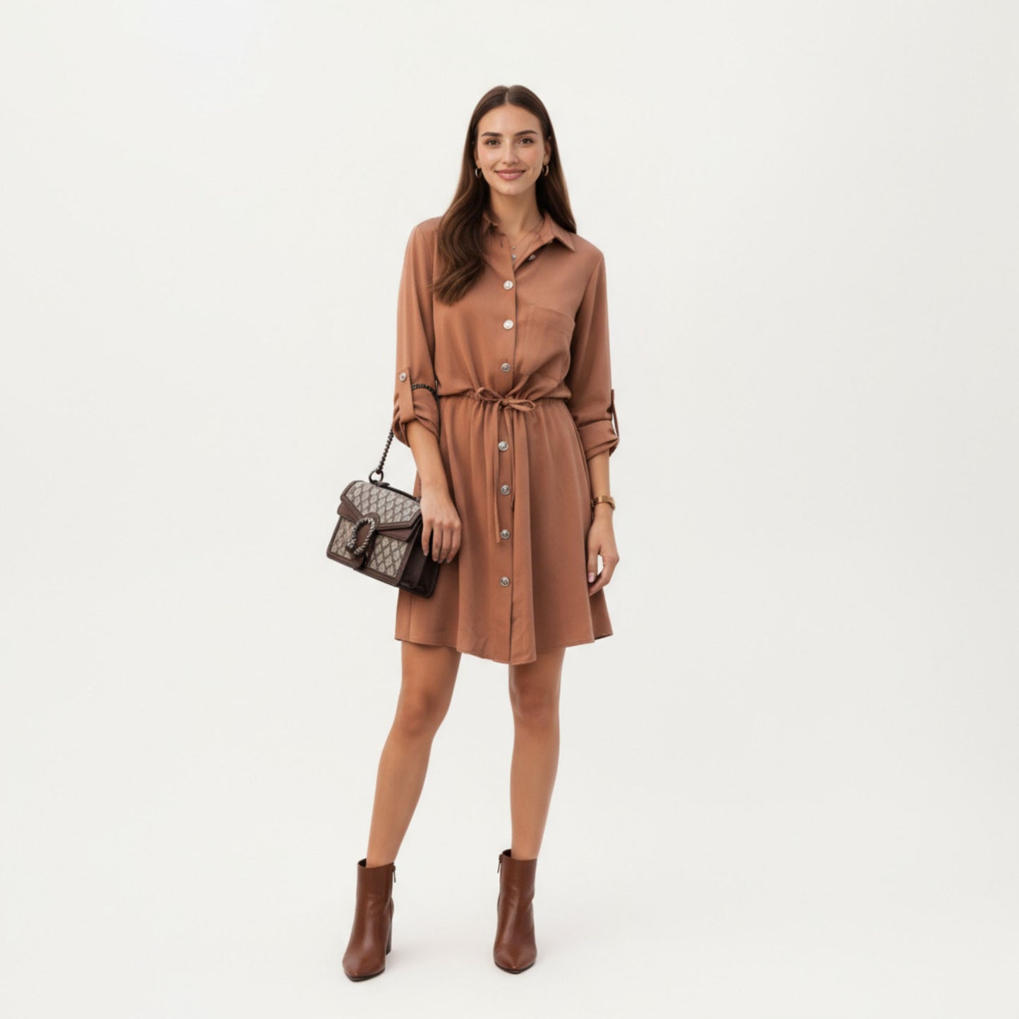 Button Front Shirt Dress with Adjustable Sleeves Soft Drawstring Waist and Relaxed Flowing Silhouette