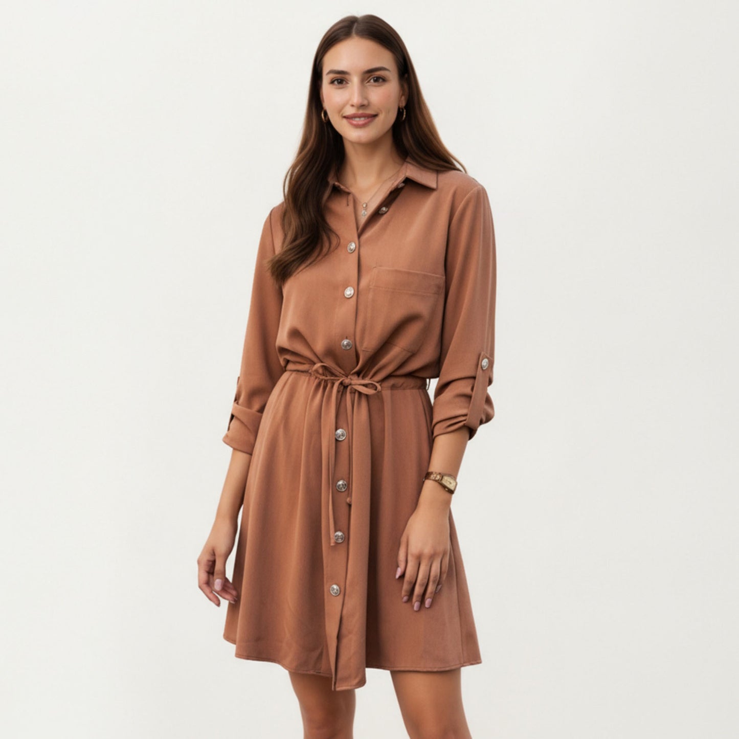 Button Front Shirt Dress with Adjustable Sleeves Soft Drawstring Waist and Relaxed Flowing Silhouette