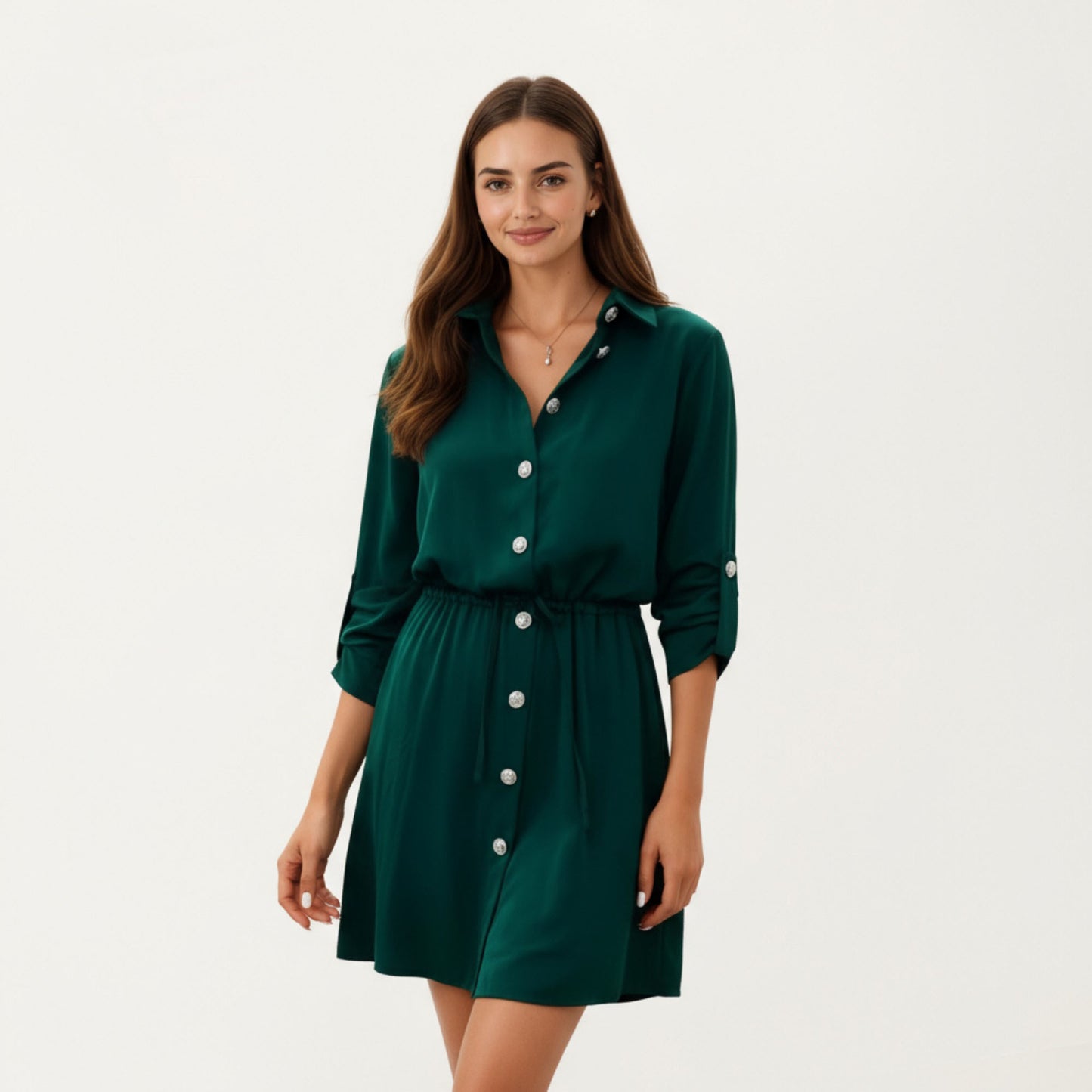 Button Front Shirt Dress with Adjustable Sleeves Soft Drawstring Waist and Relaxed Flowing Silhouette