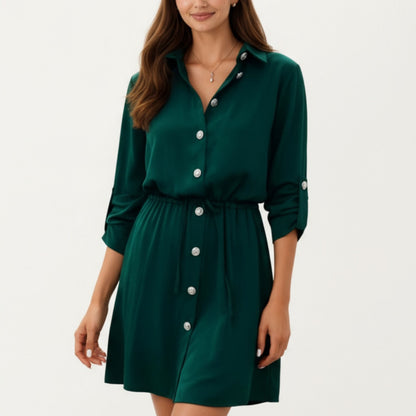 Button Front Shirt Dress with Adjustable Sleeves Soft Drawstring Waist and Relaxed Flowing Silhouette