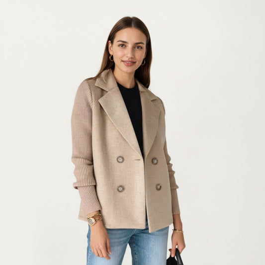 Double Breasted Knit Sleeve Peacoat Jacket with Soft Structured Body Relaxed Wide Lapels and Textured Long Sleeves