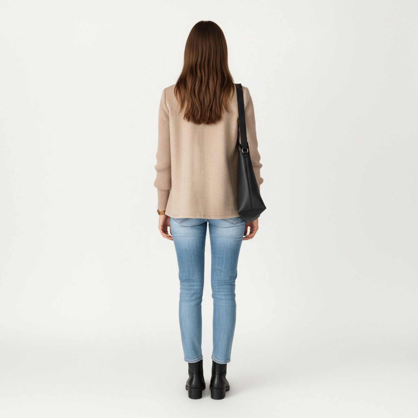 Double Breasted Knit Sleeve Peacoat Jacket with Soft Structured Body Relaxed Wide Lapels and Textured Long Sleeves