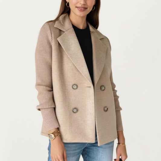 Double Breasted Knit Sleeve Peacoat Jacket with Soft Structured Body Relaxed Wide Lapels and Textured Long Sleeves