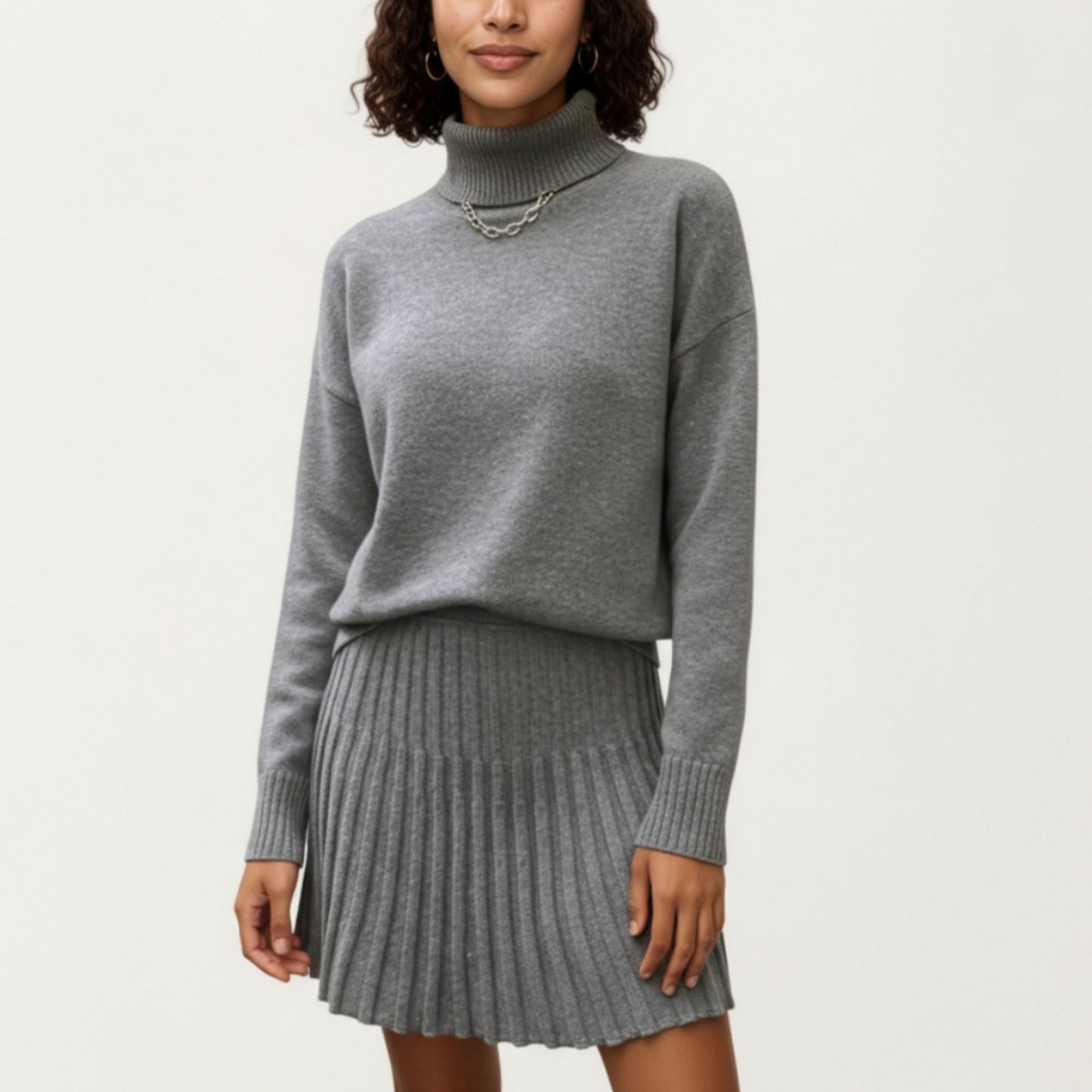 Knit Turtleneck Sweater and Pleated Skirt Set with Ribbed Texture High Neck Top and Stretch Waist Flared Hem Skirt
