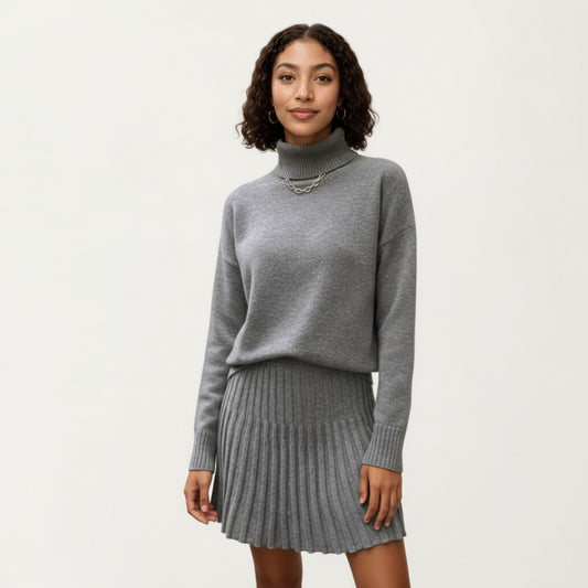 Knit Turtleneck Sweater and Pleated Skirt Set with Ribbed Texture High Neck Top and Stretch Waist Flared Hem Skirt