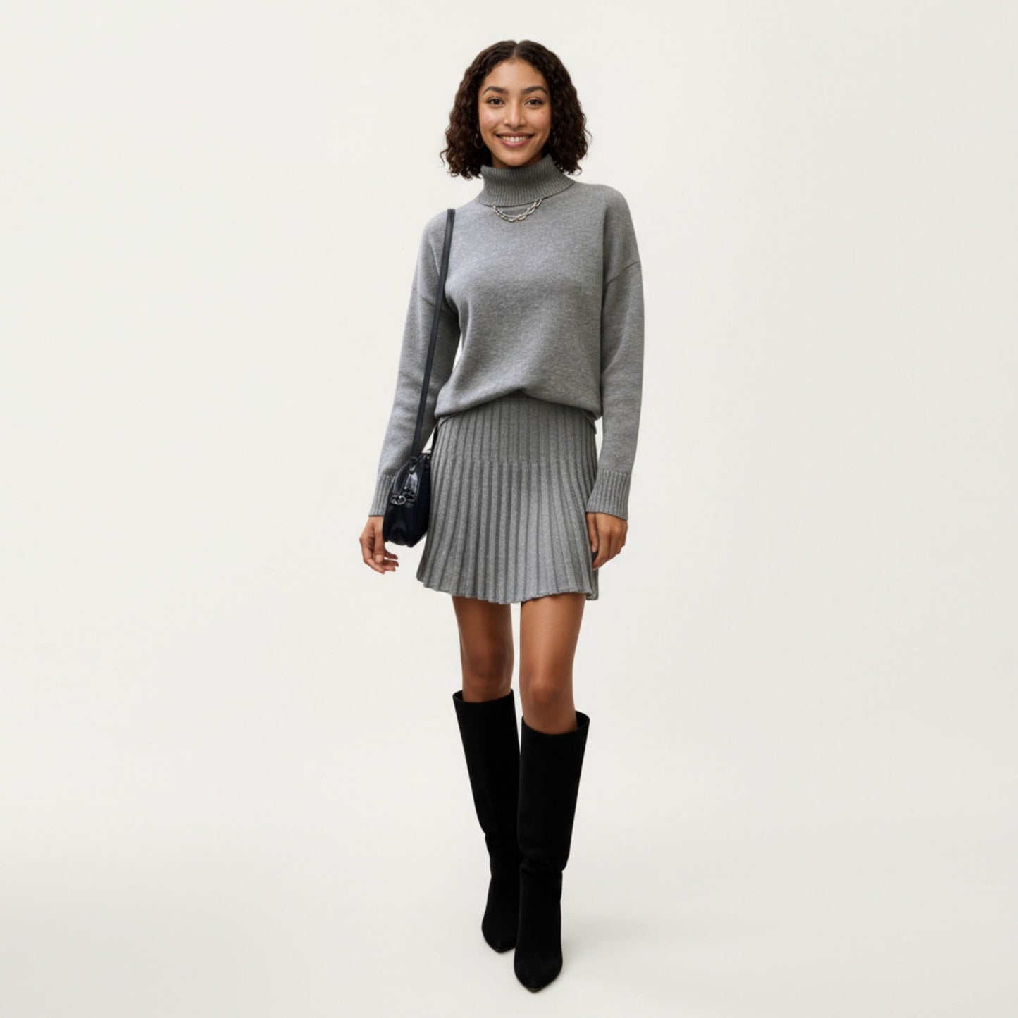 Knit Turtleneck Sweater and Pleated Skirt Set with Ribbed Texture High Neck Top and Stretch Waist Flared Hem Skirt