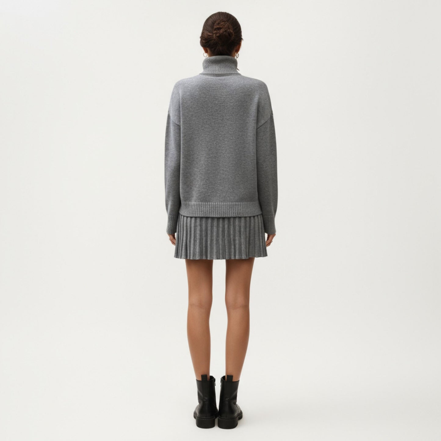 Knit Turtleneck Sweater and Pleated Skirt Set with Ribbed Texture High Neck Top and Stretch Waist Flared Hem Skirt