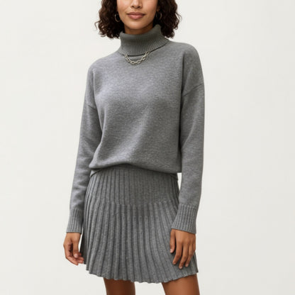 Knit Turtleneck Sweater and Pleated Skirt Set with Ribbed Texture High Neck Top and Stretch Waist Flared Hem Skirt