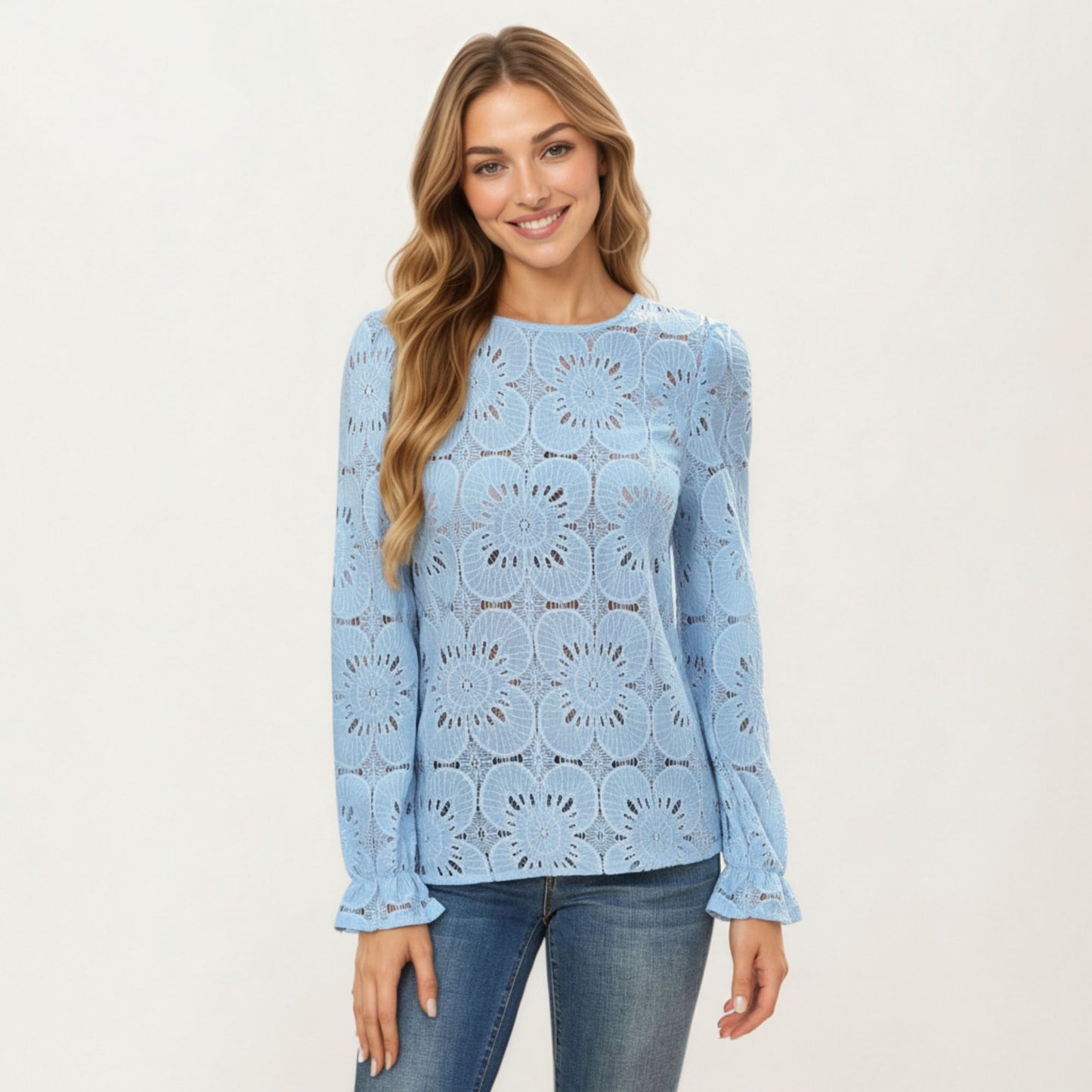 Floral Lace Long Sleeve Top with Intricate Openwork Pattern Soft Textured Fabric and Ruffled Cuff Detailing