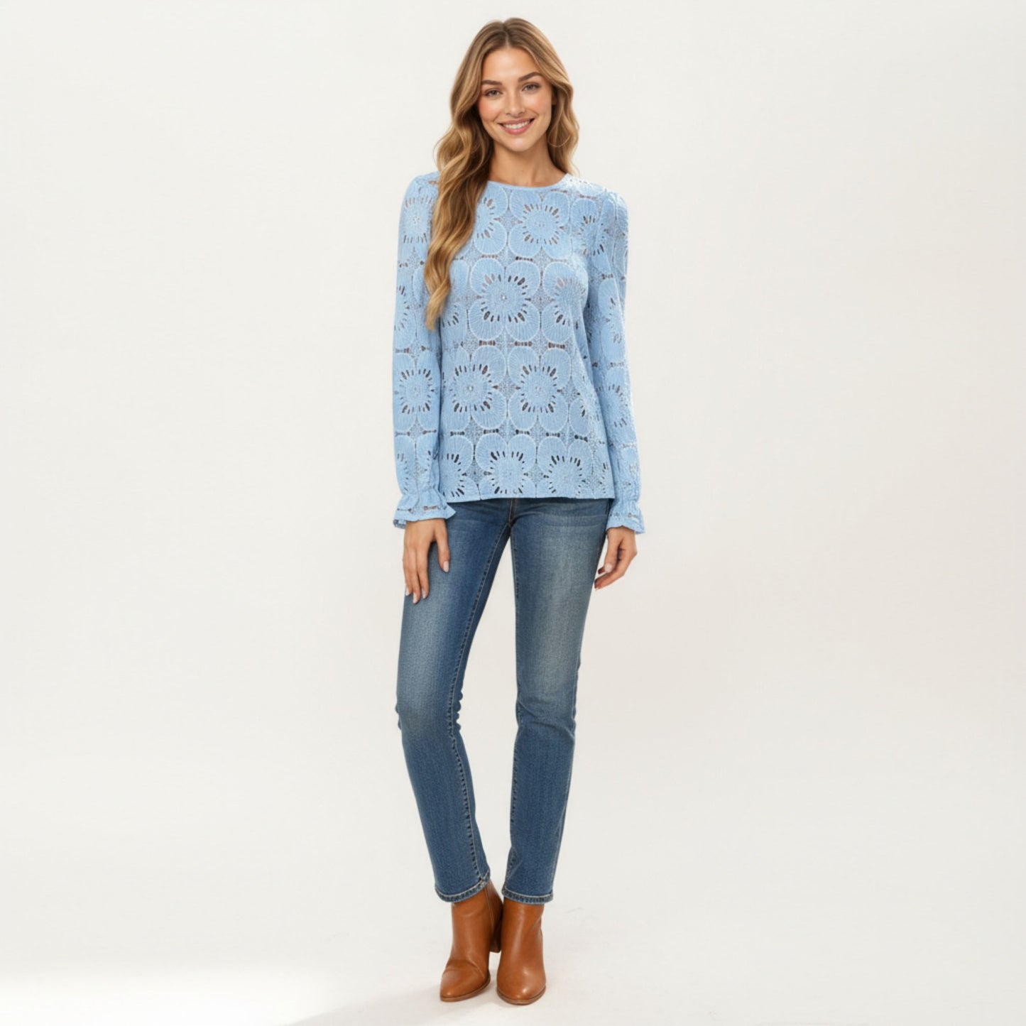 Floral Lace Long Sleeve Top with Intricate Openwork Pattern Soft Textured Fabric and Ruffled Cuff Detailing