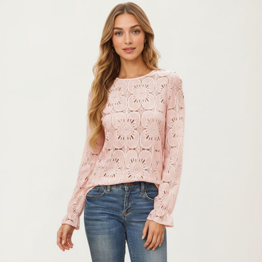 Floral Lace Long Sleeve Top with Intricate Openwork Pattern Soft Textured Fabric and Ruffled Cuff Detailing