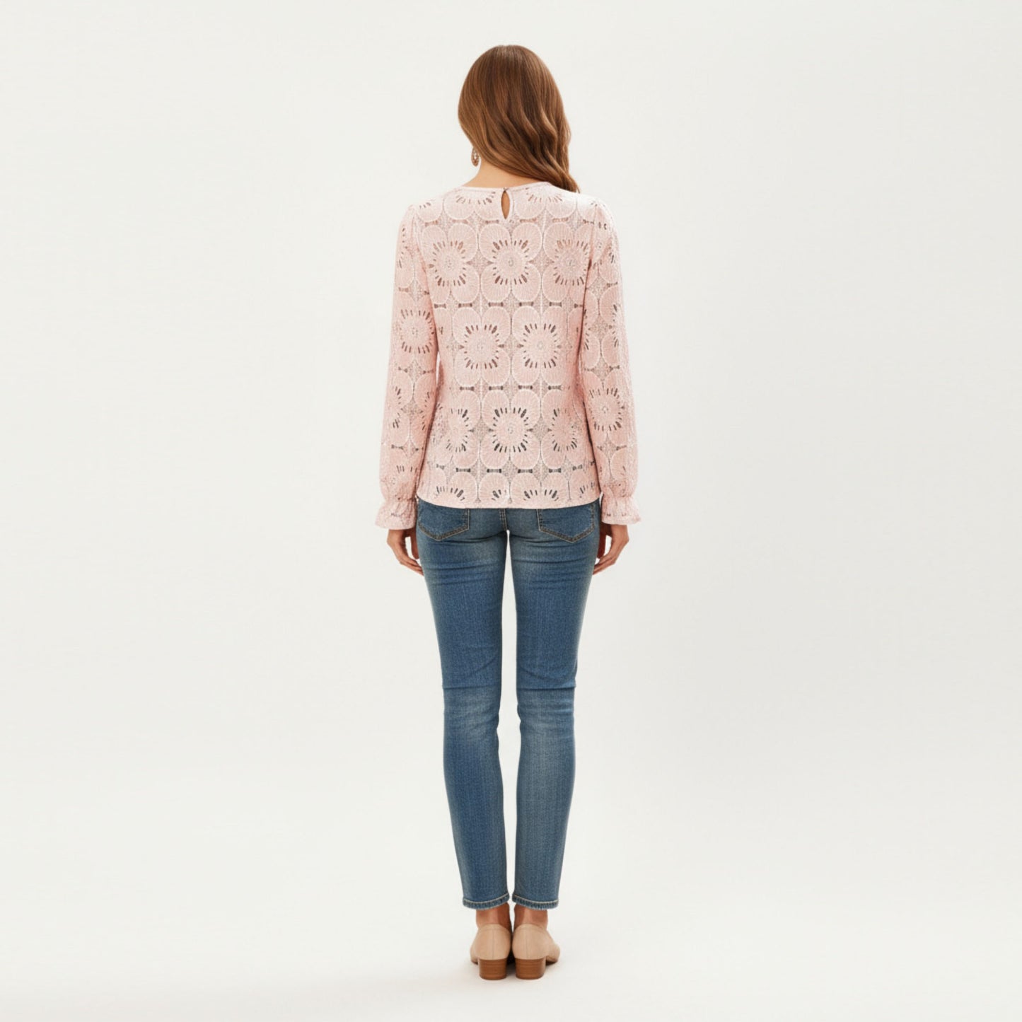 Floral Lace Long Sleeve Top with Intricate Openwork Pattern Soft Textured Fabric and Ruffled Cuff Detailing