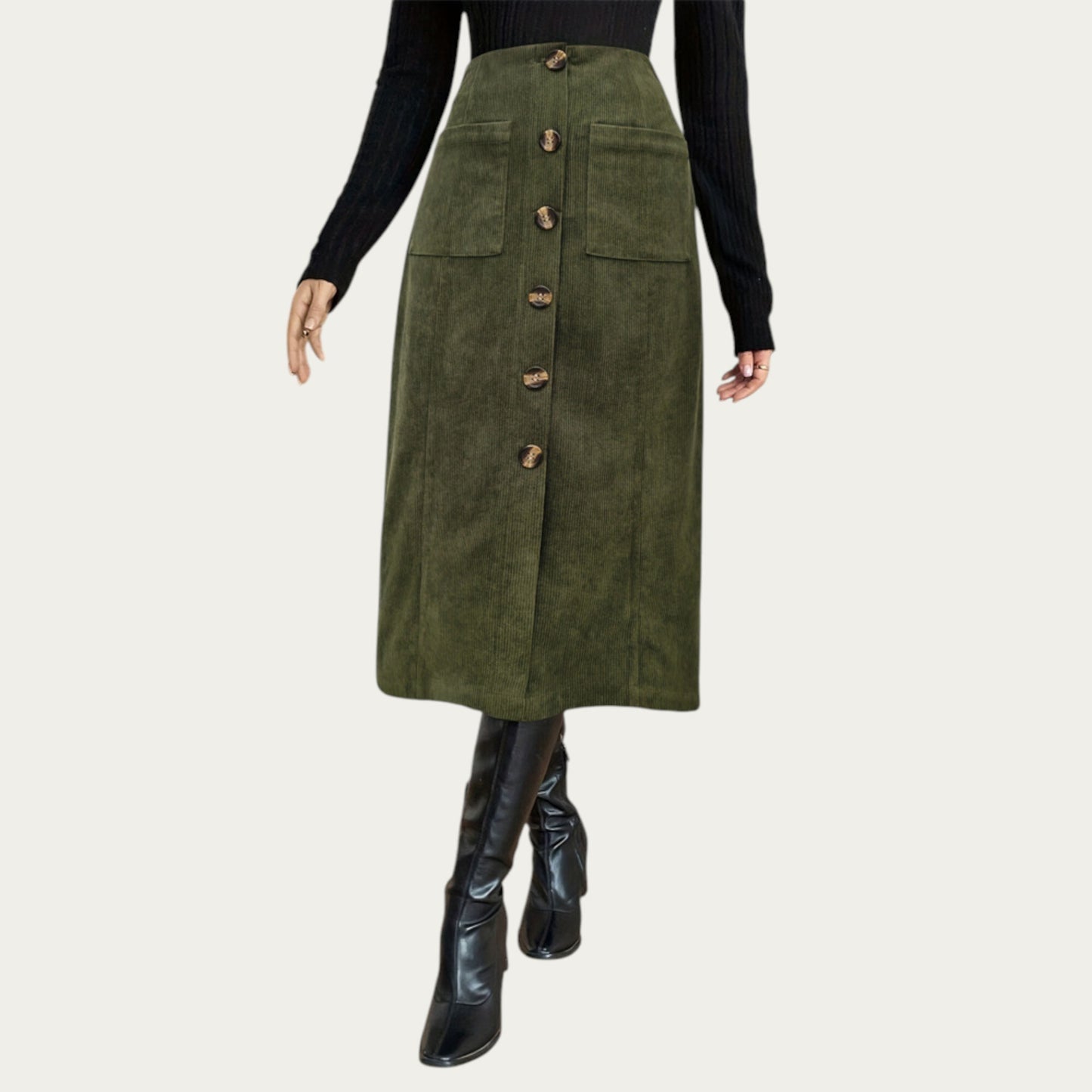 Button Front Corduroy Midi Skirt with Structured Patch Pockets and Soft Textured Fabric for a Clean Tailored Look