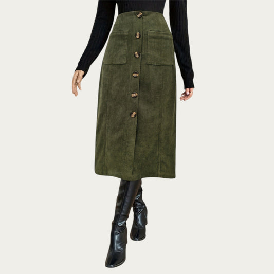Button Front Corduroy Midi Skirt with Structured Patch Pockets and Soft Textured Fabric for a Clean Tailored Look